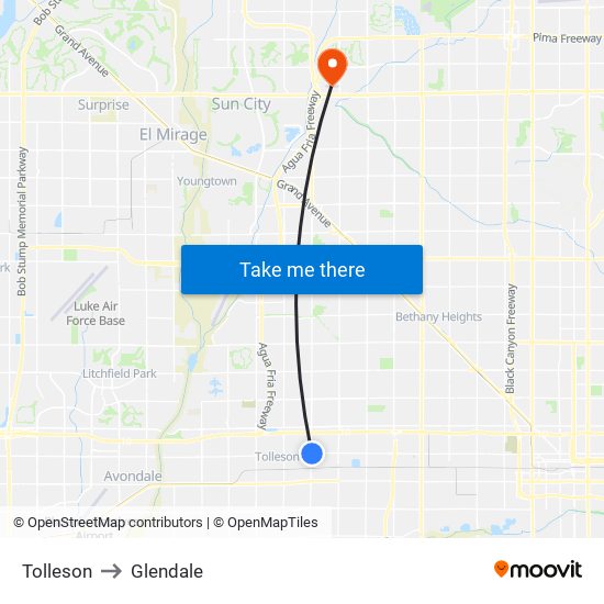 Tolleson to Glendale map