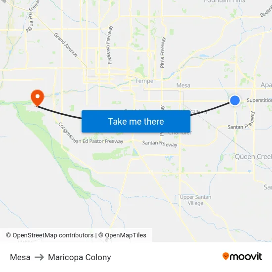 Mesa to Maricopa Colony map