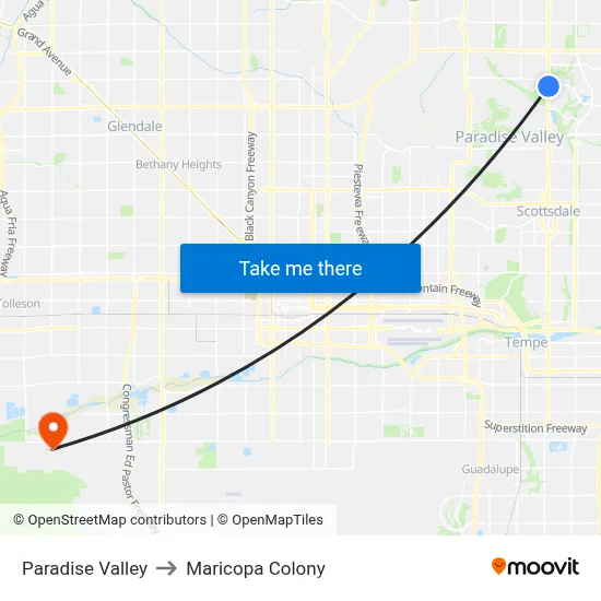 Paradise Valley to Maricopa Colony map