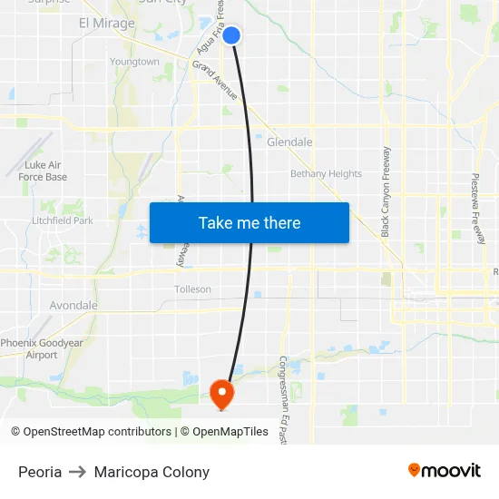 Peoria to Maricopa Colony map