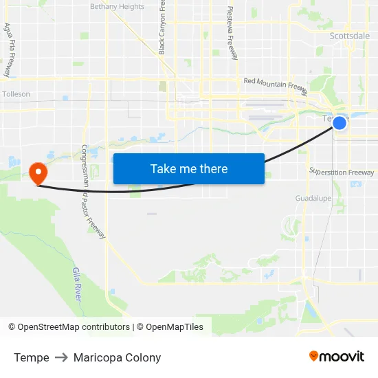 Tempe to Maricopa Colony map