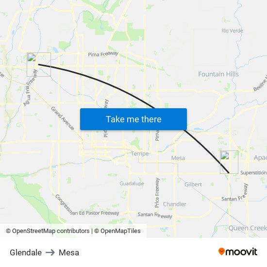 Glendale to Mesa map