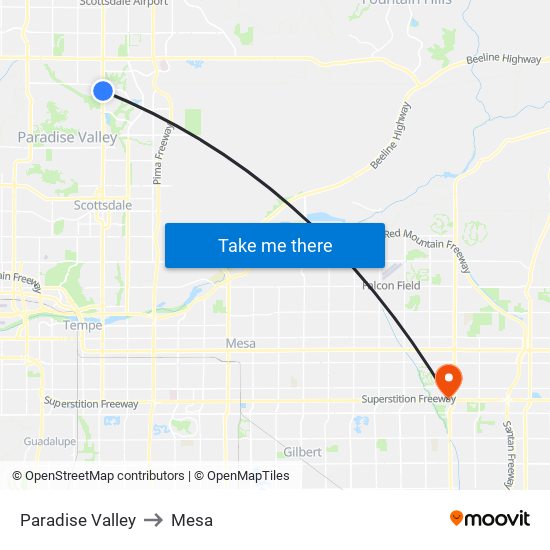 Paradise Valley to Mesa map