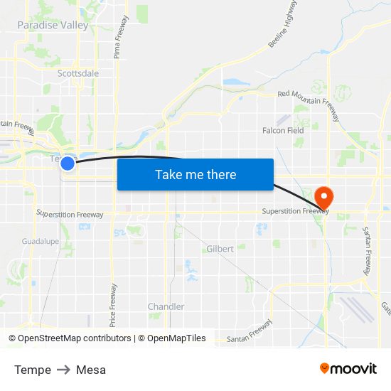 Tempe to Mesa map