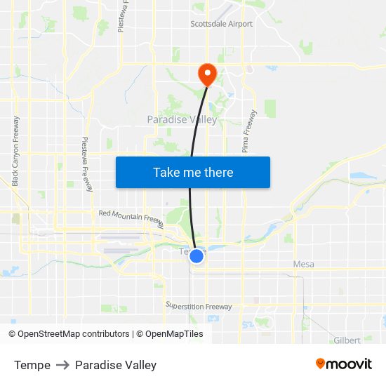 Tempe to Paradise Valley map