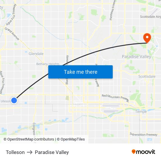 Tolleson to Paradise Valley map