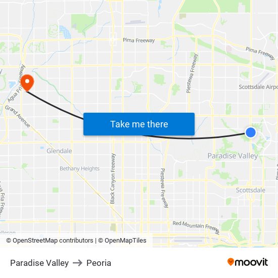 Paradise Valley to Peoria map