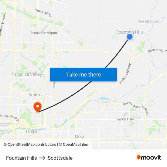 Fountain Hills to Scottsdale map