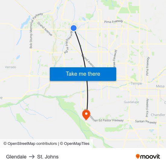 Glendale to St. Johns map