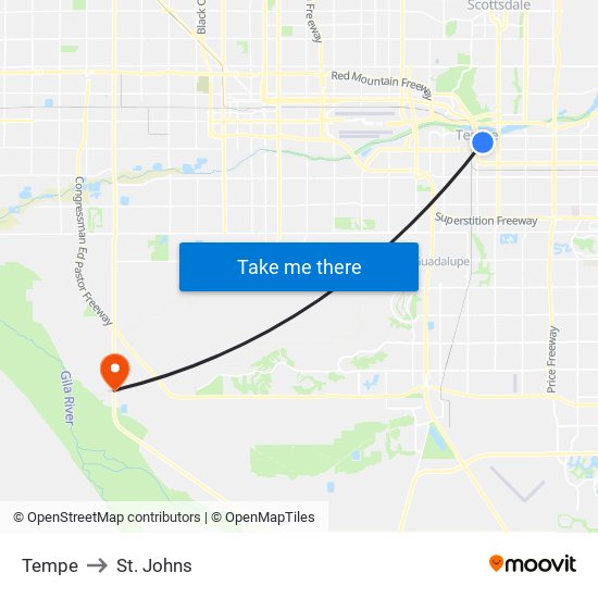 Tempe to St. Johns map