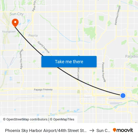 Phoenix Sky Harbor Airport/44th Street Station to Sun City map