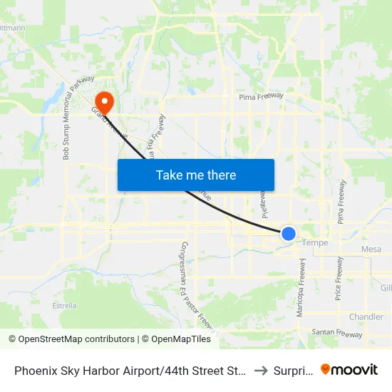 Phoenix Sky Harbor Airport/44th Street Station to Surprise map