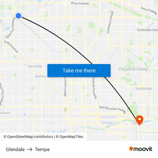 Glendale to Tempe map