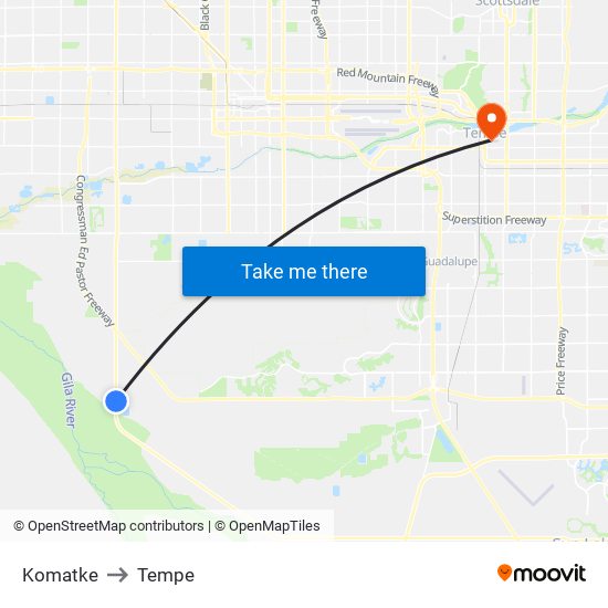 Komatke to Tempe map