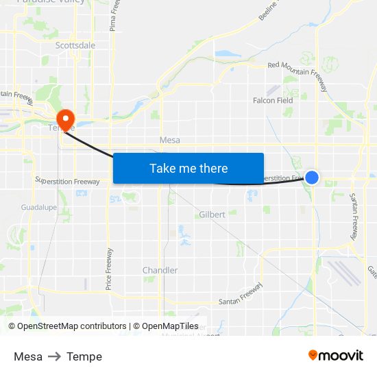 Mesa to Tempe map