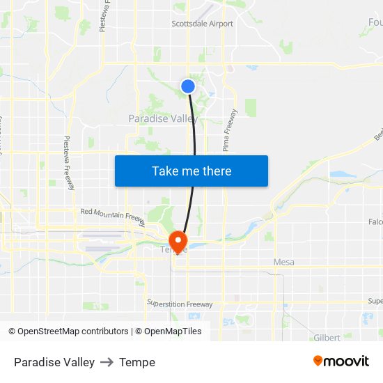 Paradise Valley to Tempe map