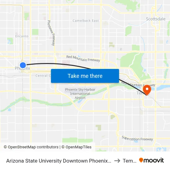Arizona State University Downtown Phoenix campus to Tempe map