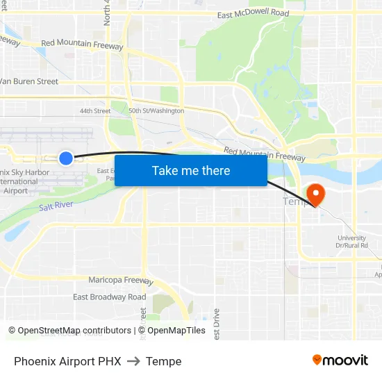 Phoenix Airport PHX to Tempe map