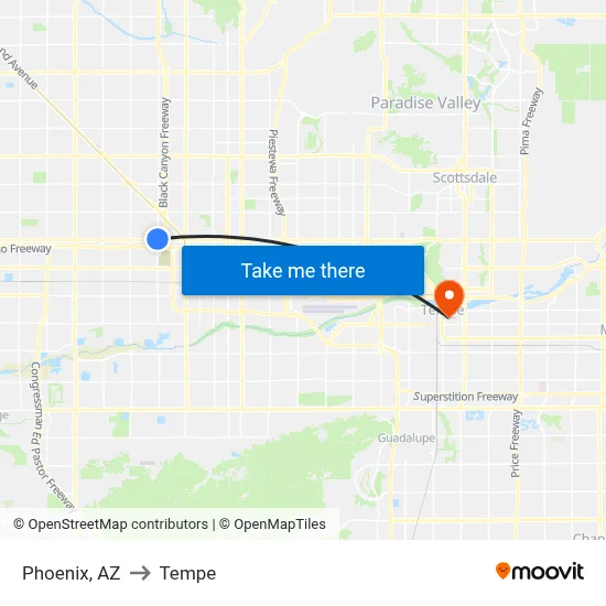 Phoenix, AZ to Tempe map