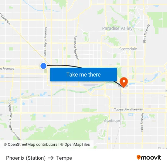 Phoenix (Station) to Tempe map