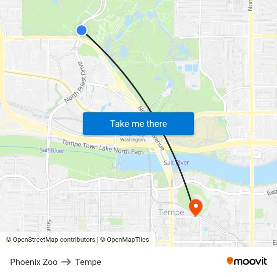 Phoenix Zoo to Tempe map
