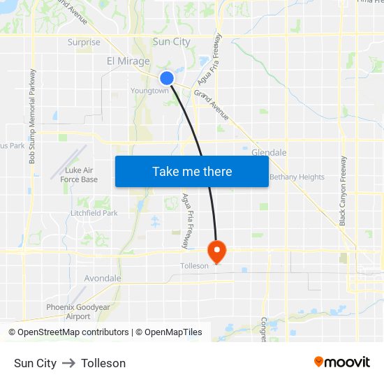 Sun City to Tolleson map