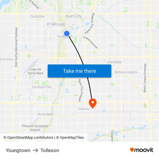 Youngtown to Tolleson map