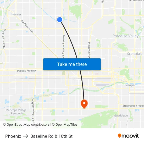Phoenix to Baseline Rd & 10th St map