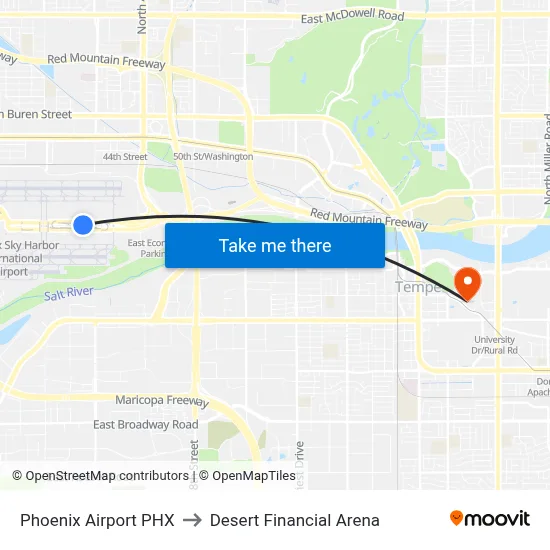 Phoenix Airport PHX to Desert Financial Arena map