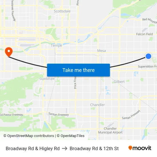 Broadway Rd & Higley Rd to Broadway Rd & 12th St map