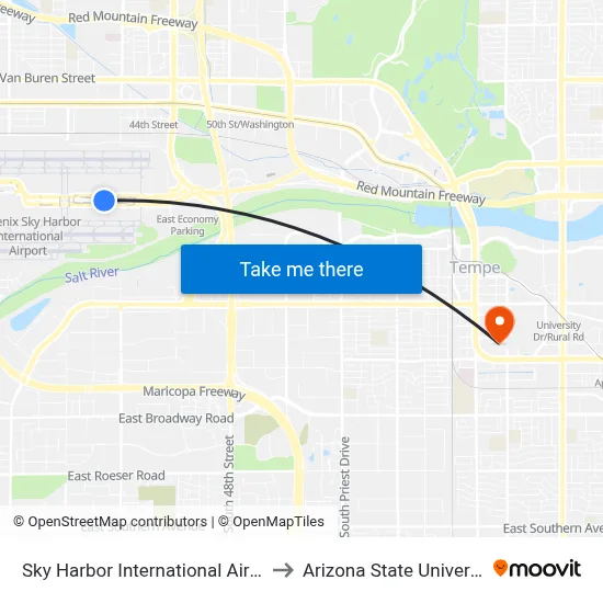 Sky Harbor International Airport to Arizona State University map