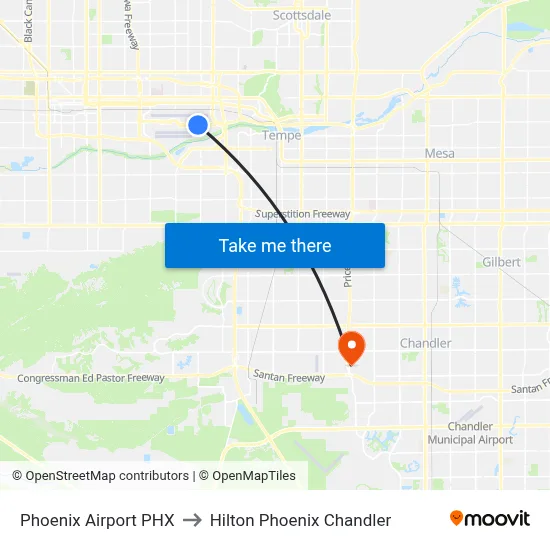 Phoenix Airport PHX to Hilton Phoenix Chandler map