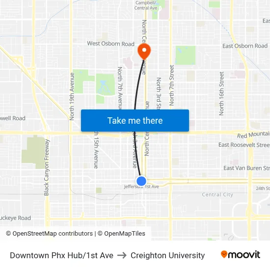 Downtown Phx Hub/1st Ave to Creighton University map