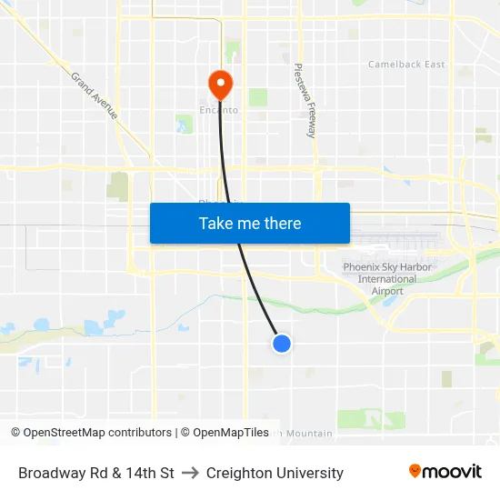 Broadway Rd & 14th St to Creighton University map