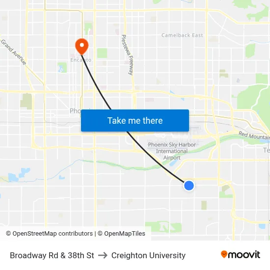 Broadway Rd & 38th St to Creighton University map