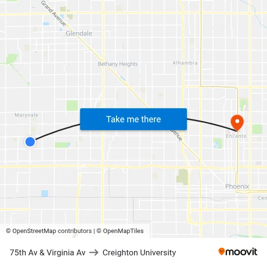 75th Av & Virginia Av to Creighton University map