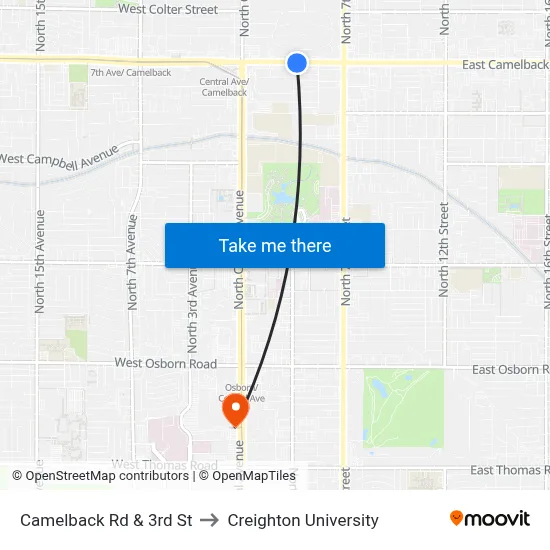 Camelback Rd & 3rd St to Creighton University map