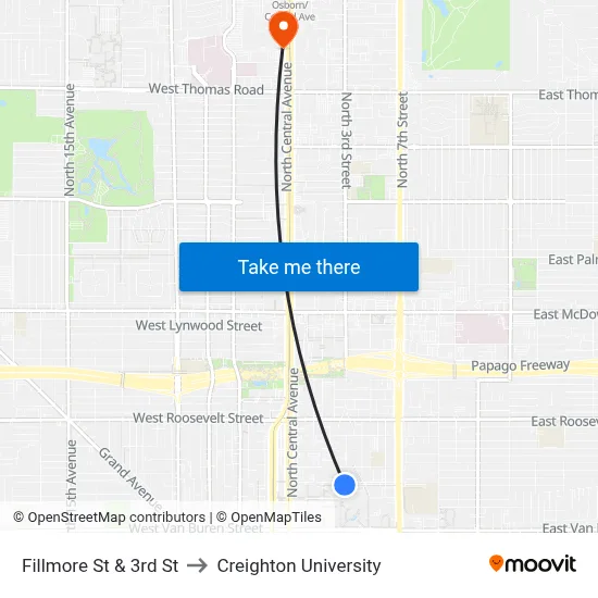 Fillmore St & 3rd St to Creighton University map