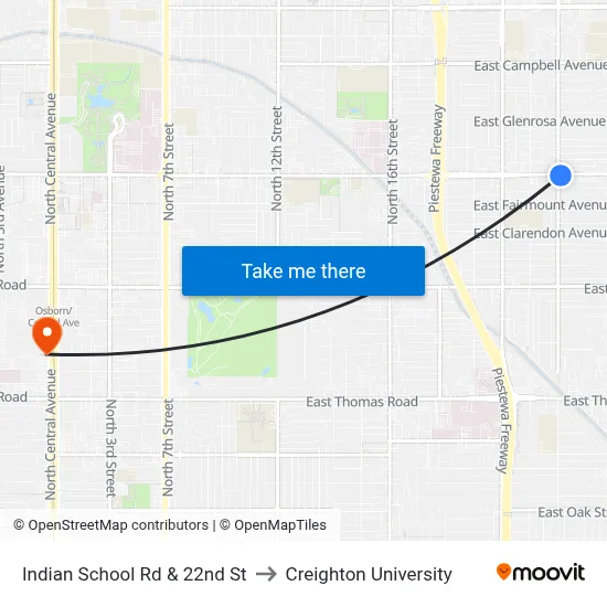 Indian School Rd & 22nd St to Creighton University map