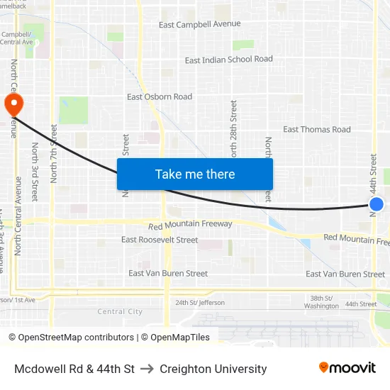 Mcdowell Rd & 44th St to Creighton University map