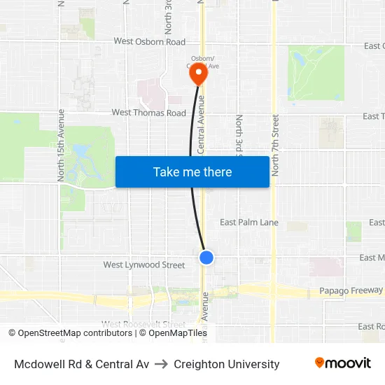 Mcdowell Rd & Central Av to Creighton University map