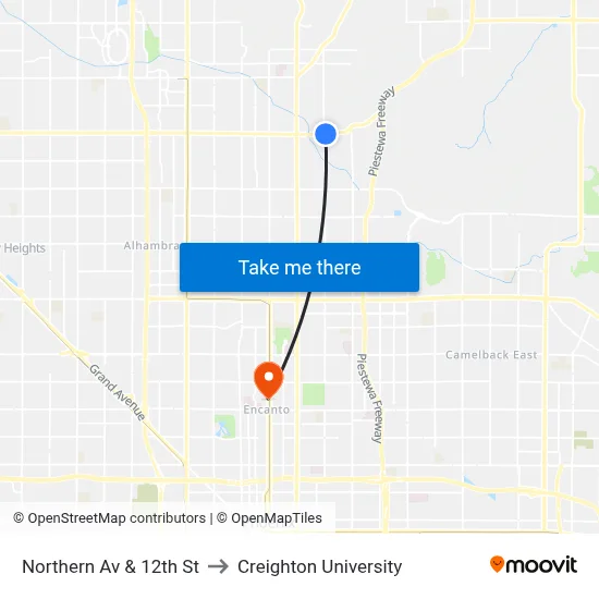 Northern Av & 12th St to Creighton University map