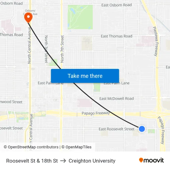 Roosevelt St & 18th St to Creighton University map