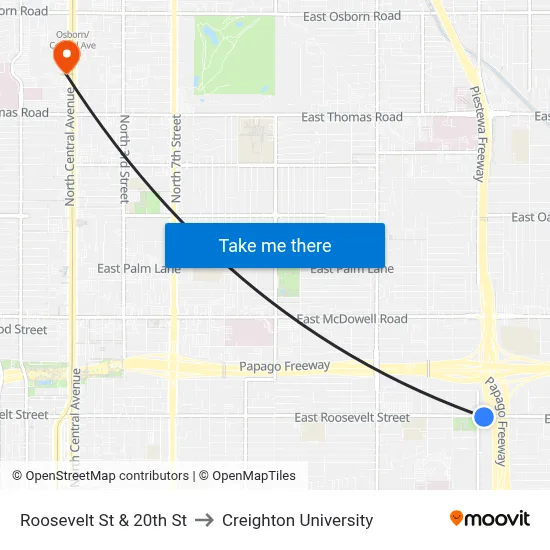 Roosevelt St & 20th St to Creighton University map