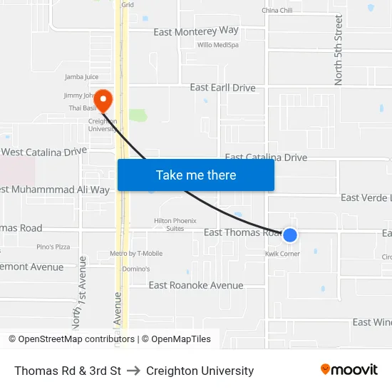 Thomas Rd & 3rd St to Creighton University map