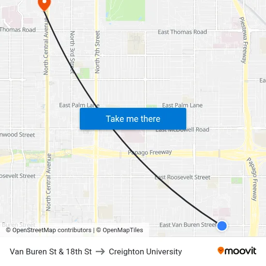 Van Buren St & 18th St to Creighton University map