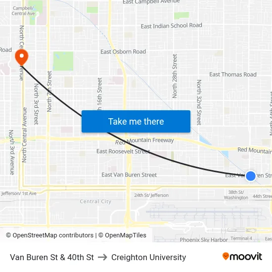 Van Buren St & 40th St to Creighton University map