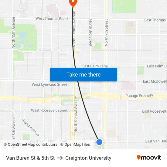Van Buren St & 5th St to Creighton University map