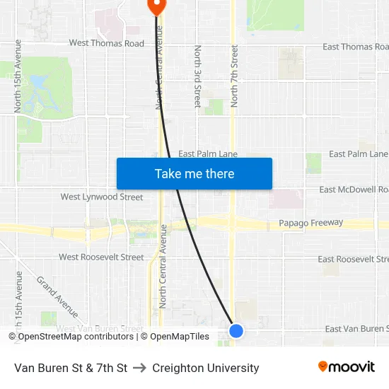Van Buren St & 7th St to Creighton University map