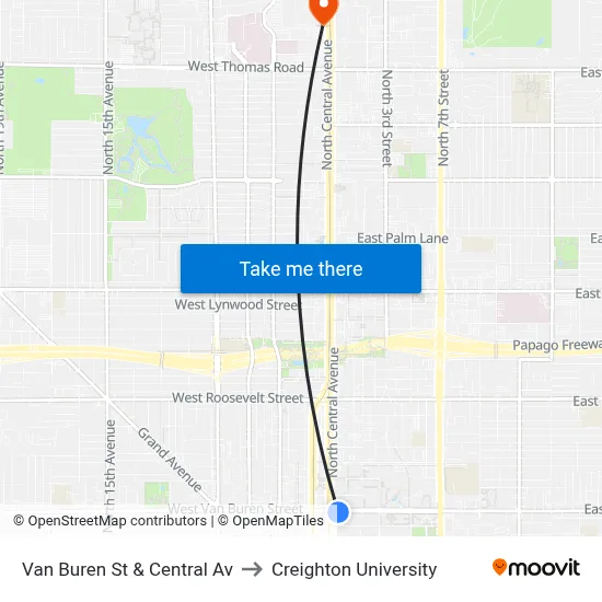Van Buren St & Central Av to Creighton University map